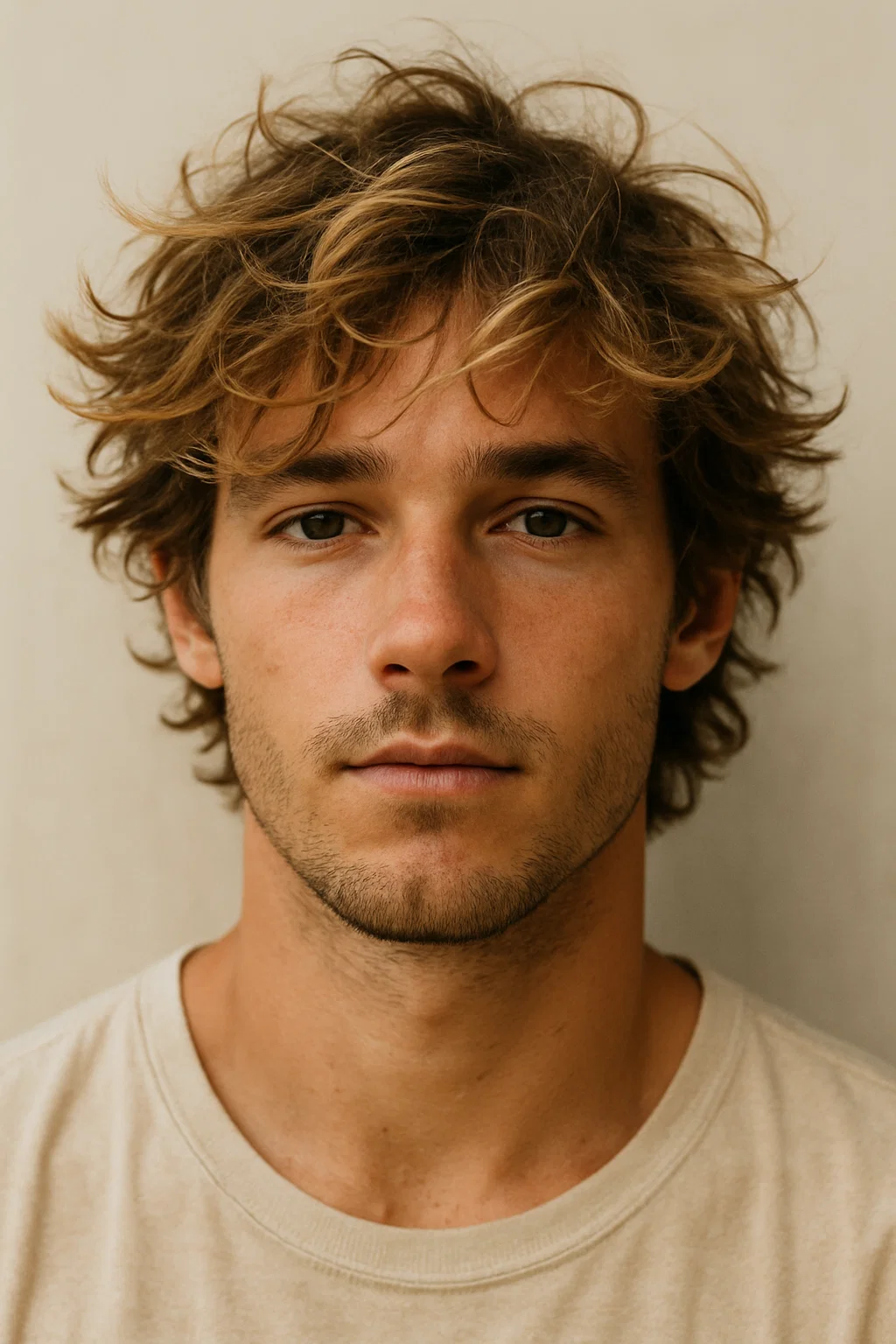 A close-up portrait of a young man with tousled