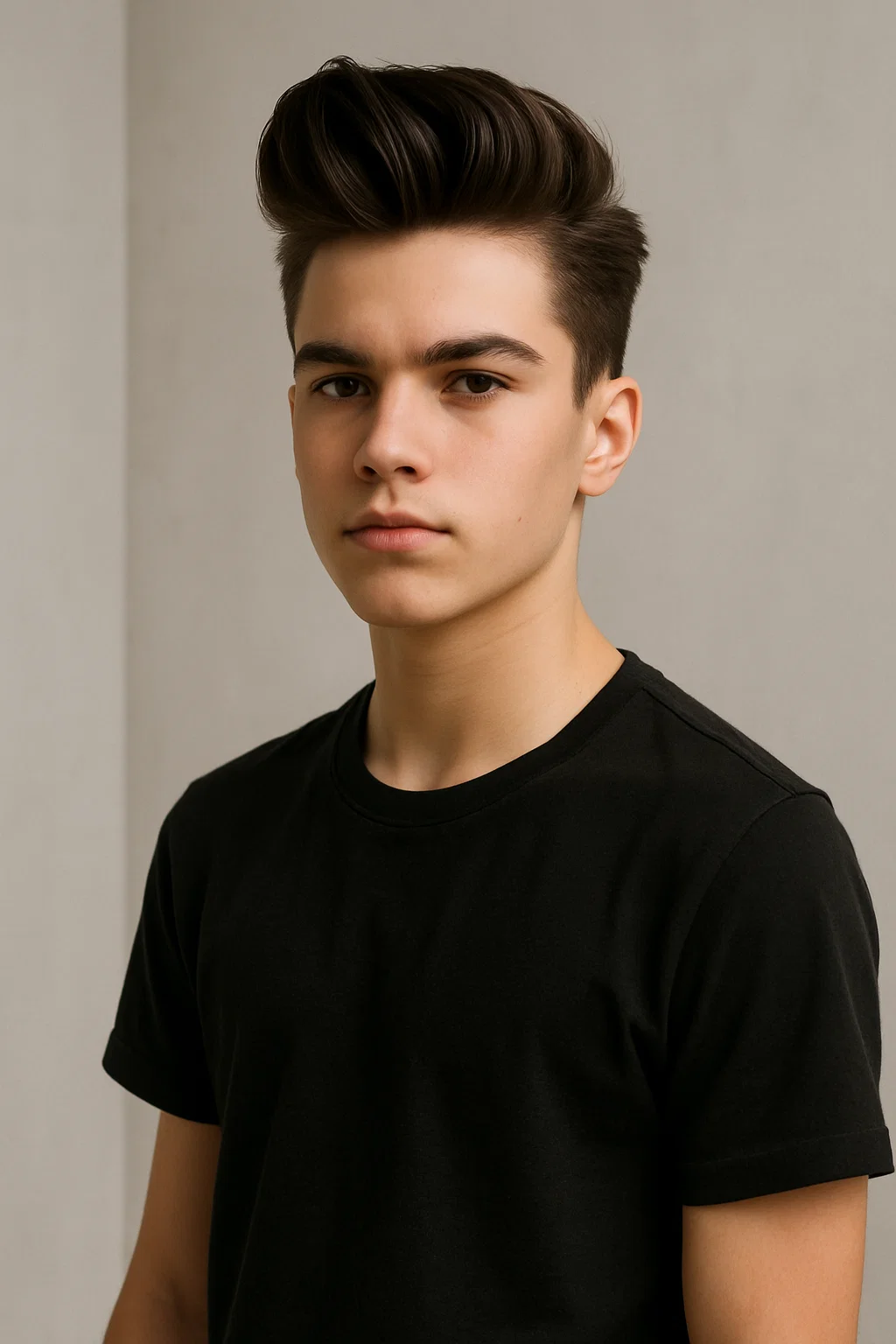 A confident teen sporting a pompadour combined with a quiff