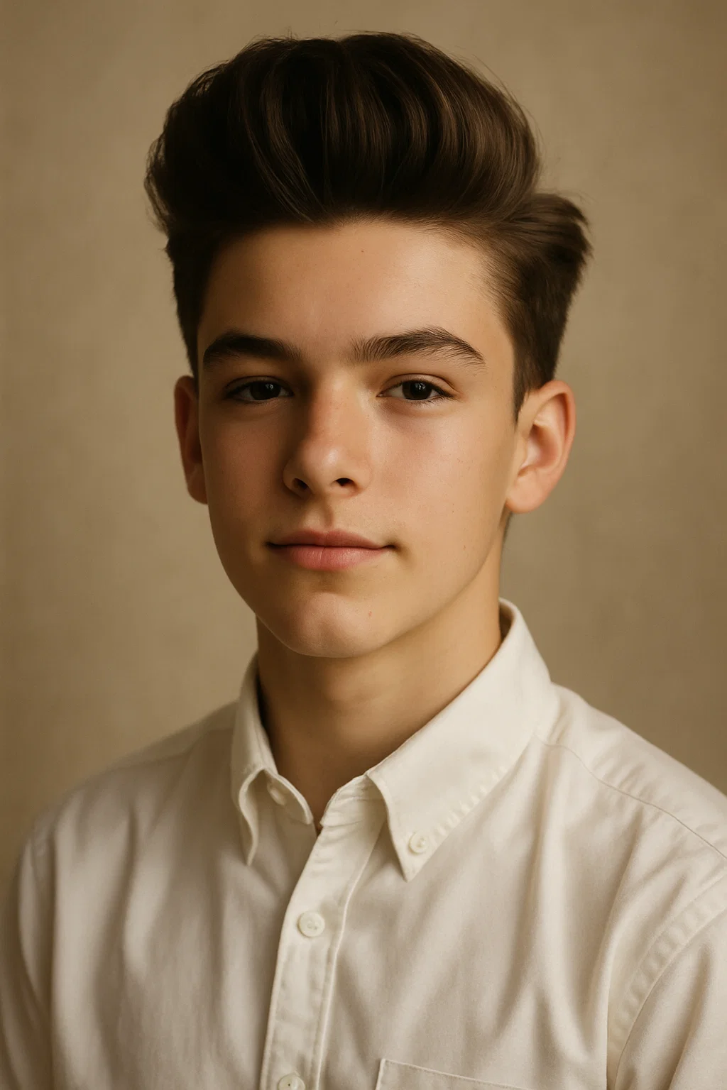 A confident teen with light skin sporting a classic pompadour hairstyle