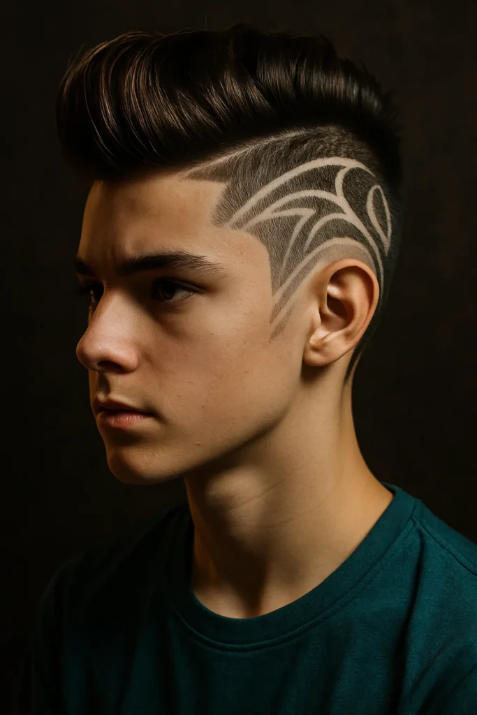 A creative teen with a pompadour featuring intricate line designs