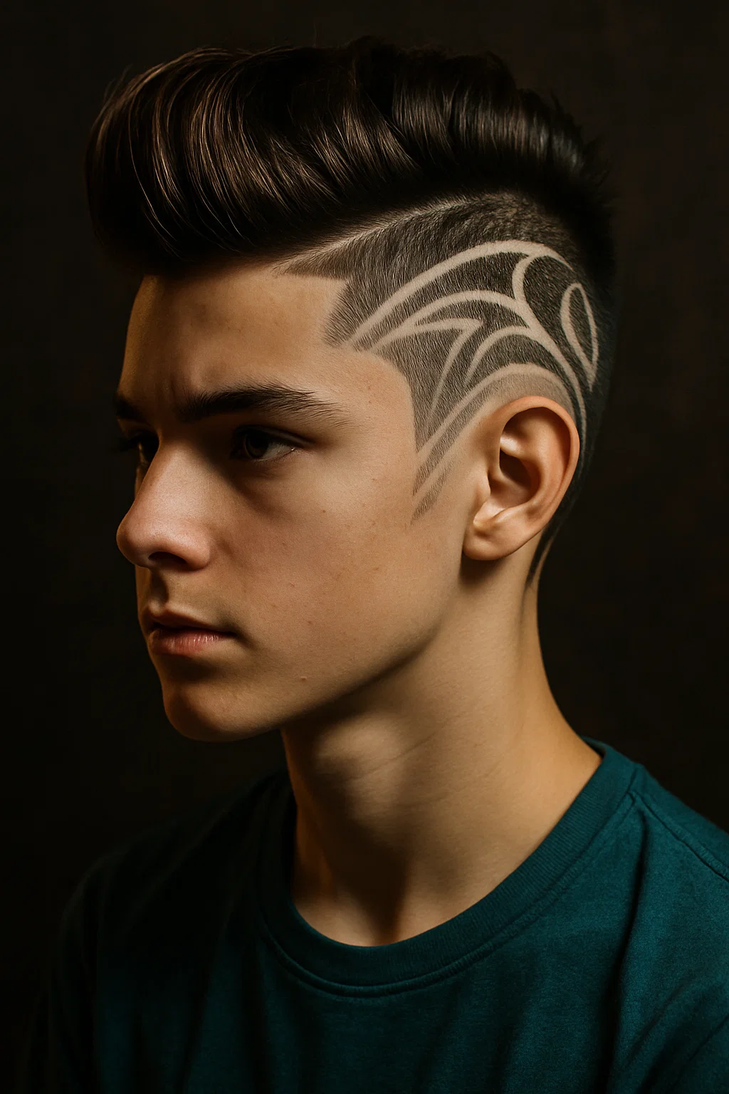 A creative teen with a pompadour featuring intricate line designs
