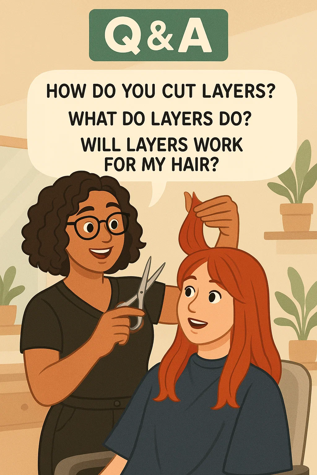 A friendly hairstylist in a salon chair demonstrating layer techniques