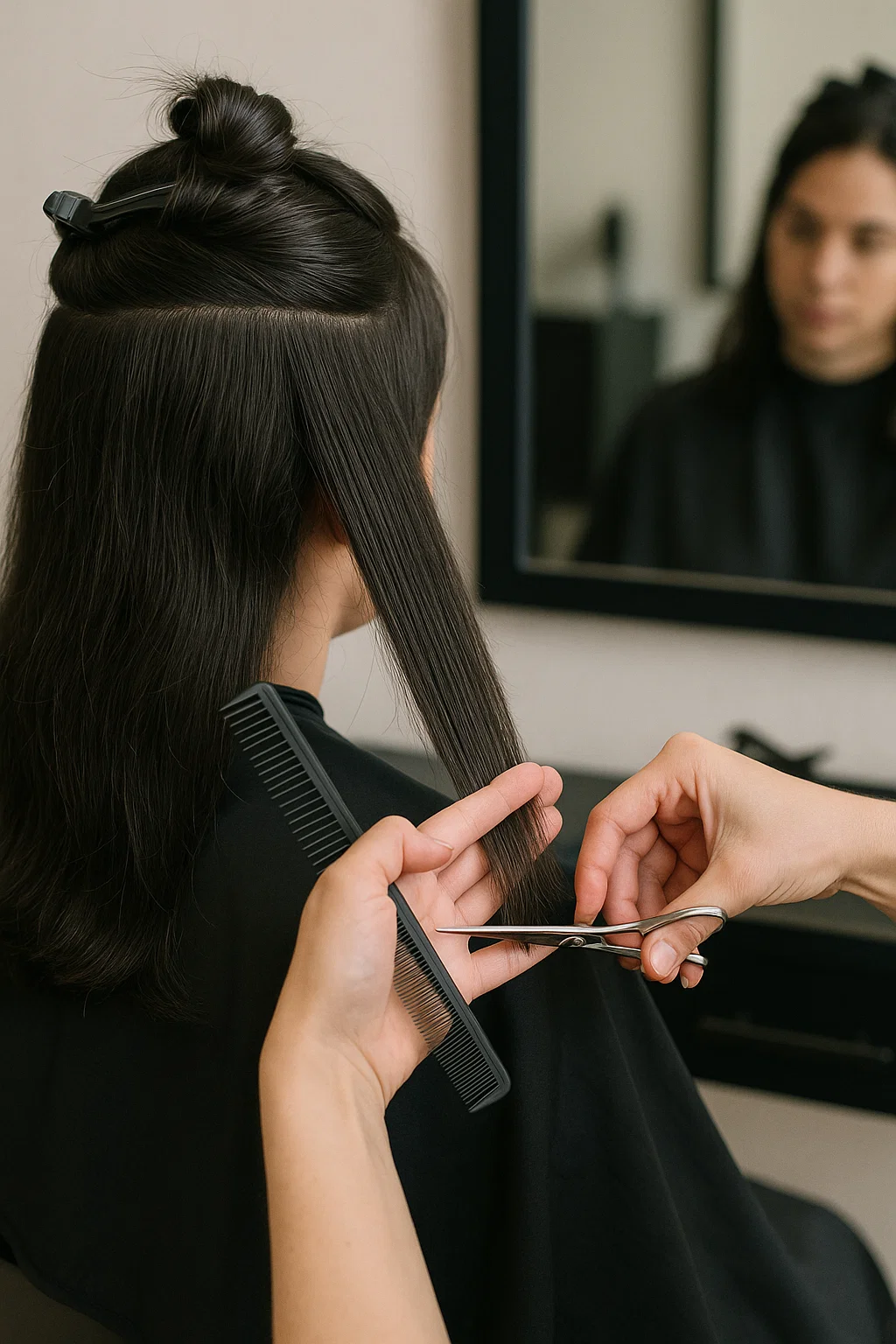 A hairstylist in a salon carefully cutting medium layers
