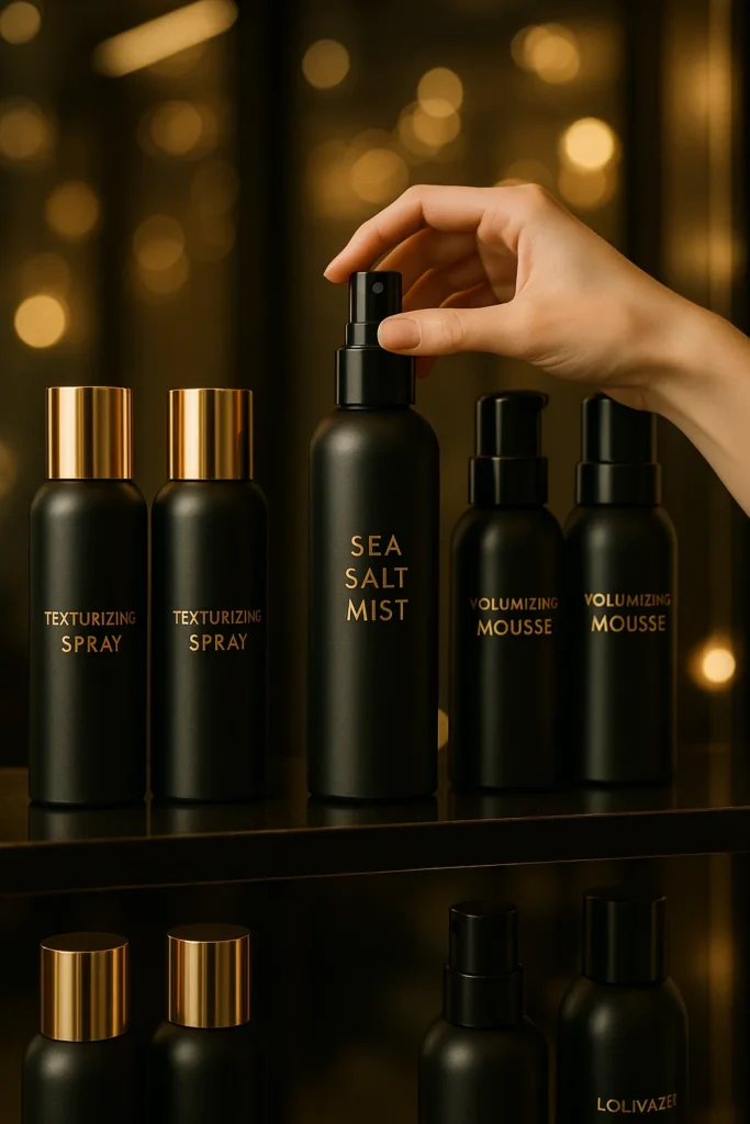 Luxury salon shelf displaying premium texturizing sprays and styling products