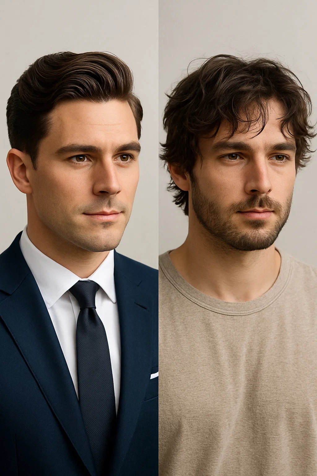 A man styled in two different wavy looks