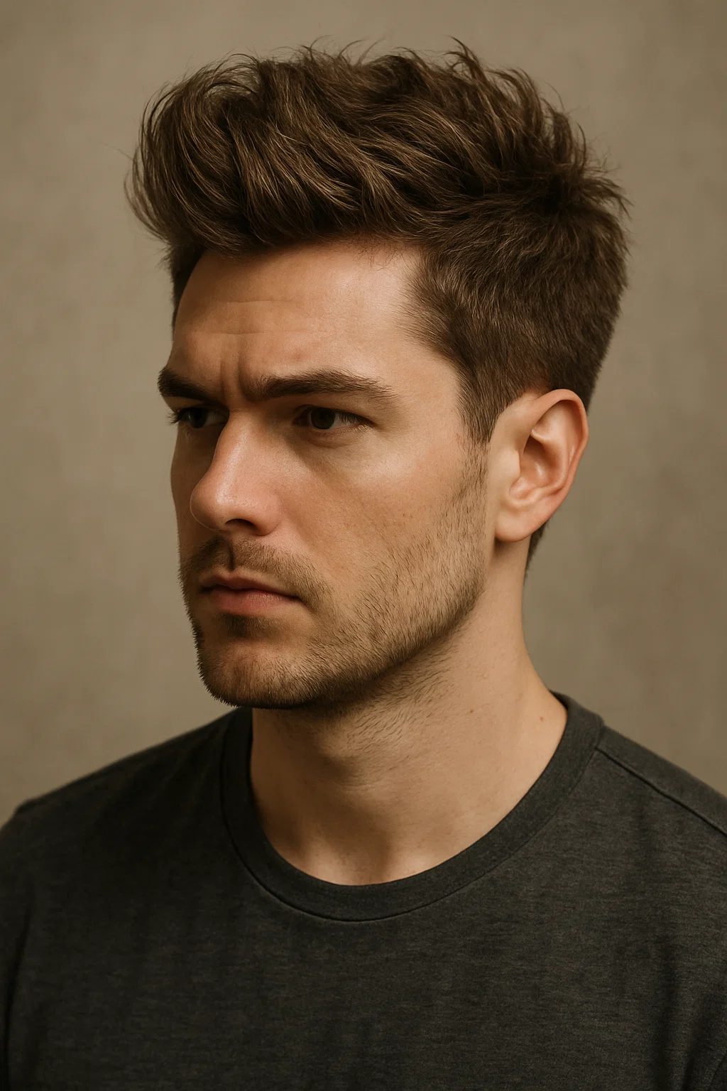 A man with flat hair styled into a voluminous textured quiff.
