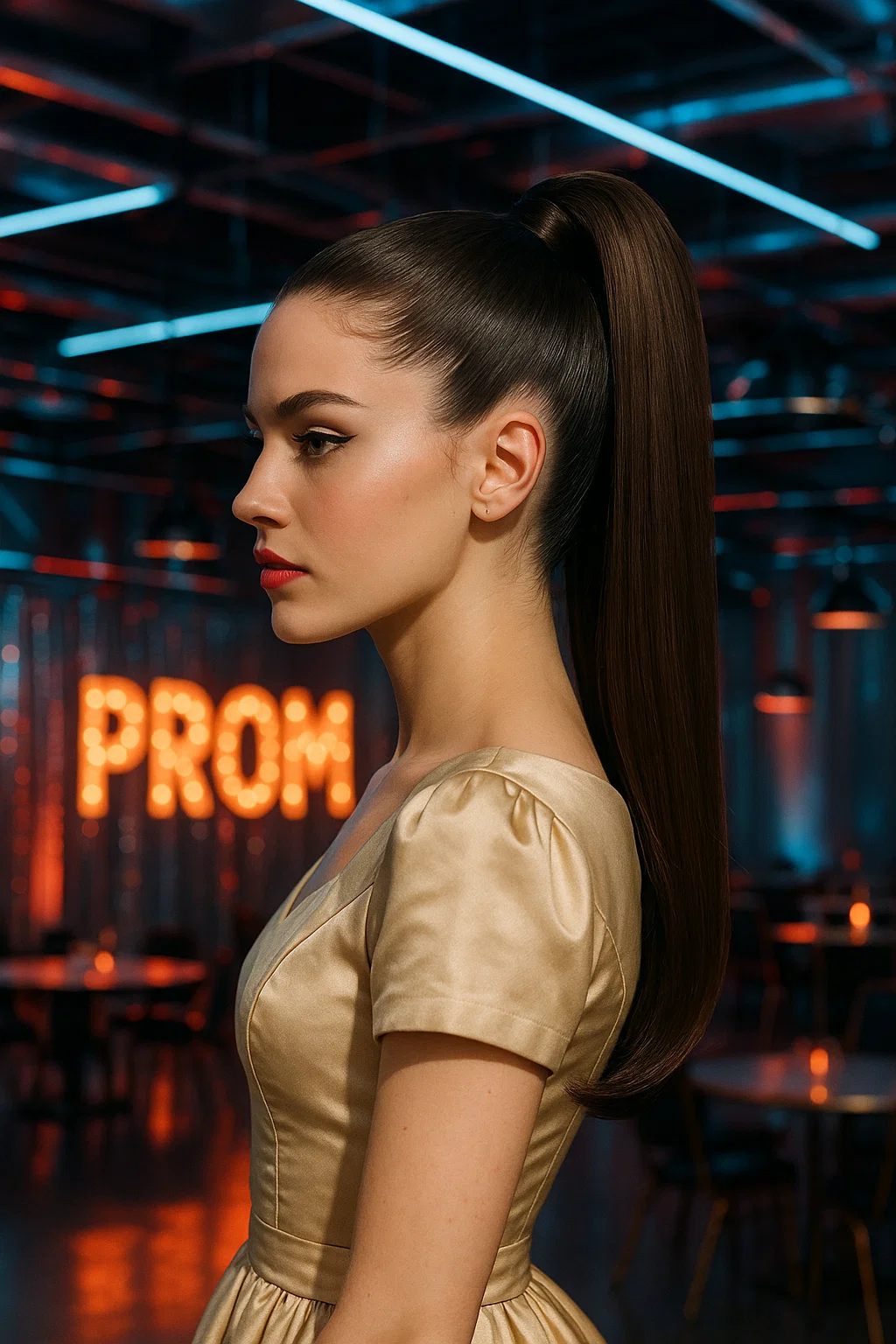 A modern and sleek high ponytail for prom, smooth and polished for a bold statement.