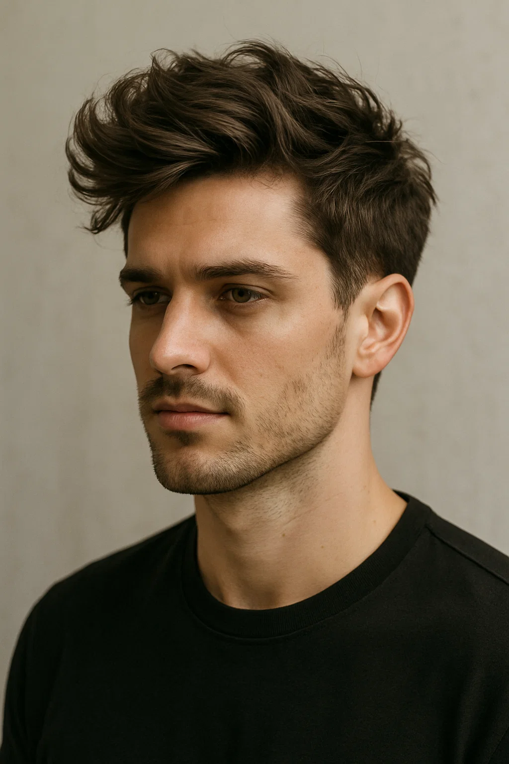 A modern hairstyle featuring a side-swept textured quiff.