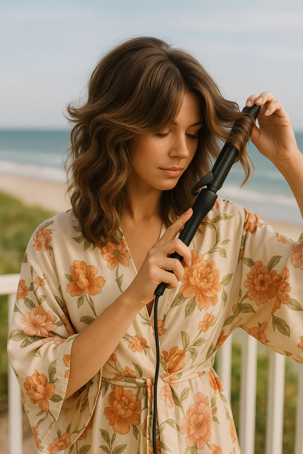 A person styling their Butterfly Haircut with a texturizing spray and soft waves