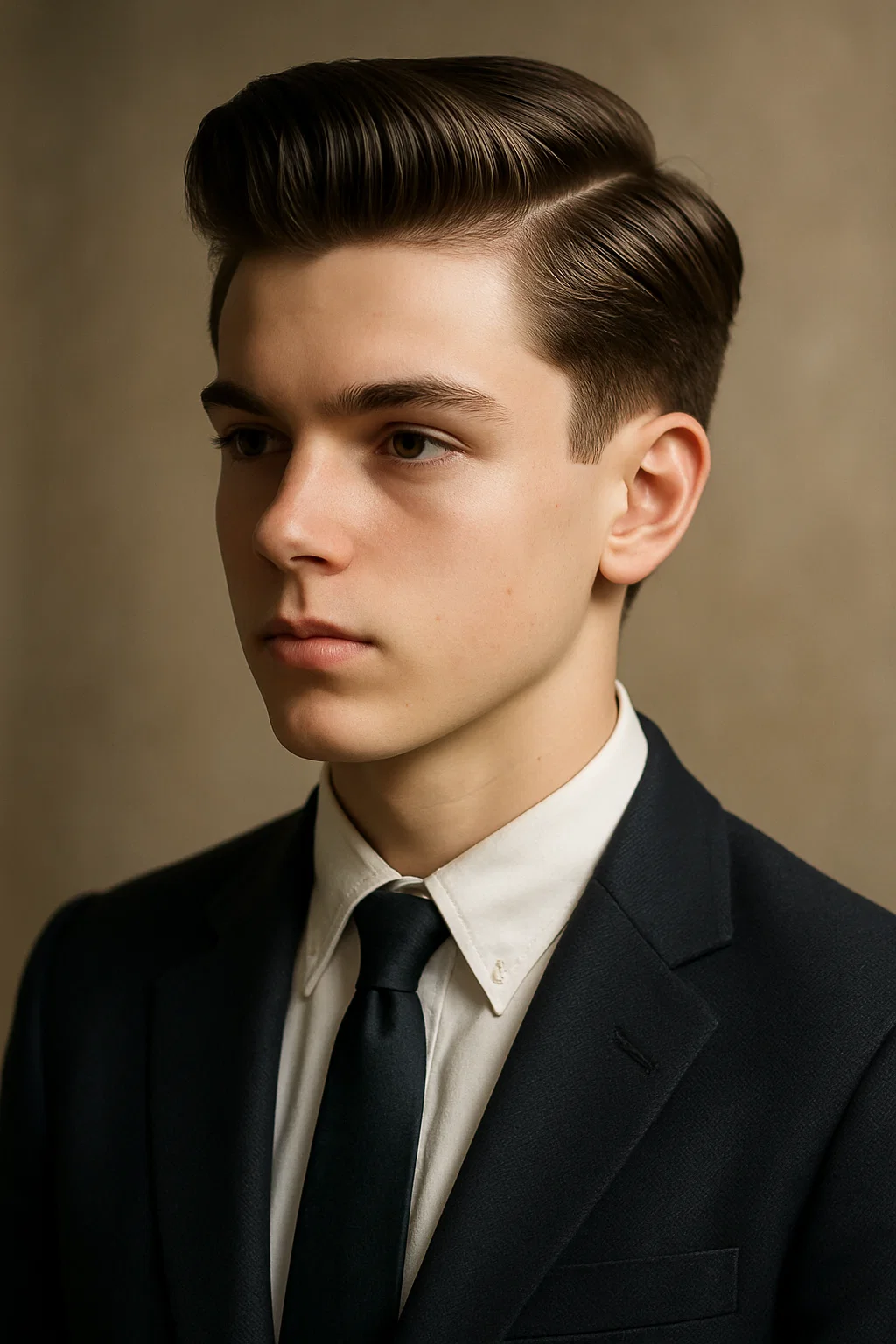 A polished teen sporting a pompadour with a neat side part
