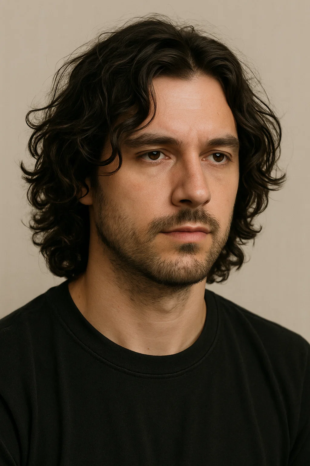 A portrait of a man with medium-length wavy hair