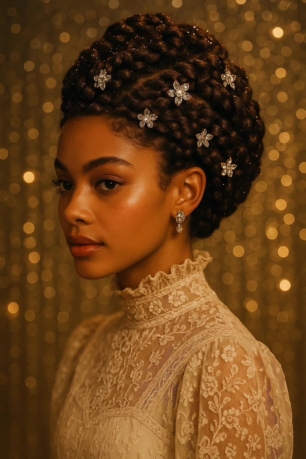 A portrait of a woman with braided hair adorned with jeweled clips. The hairstyle should be intricate and exotic