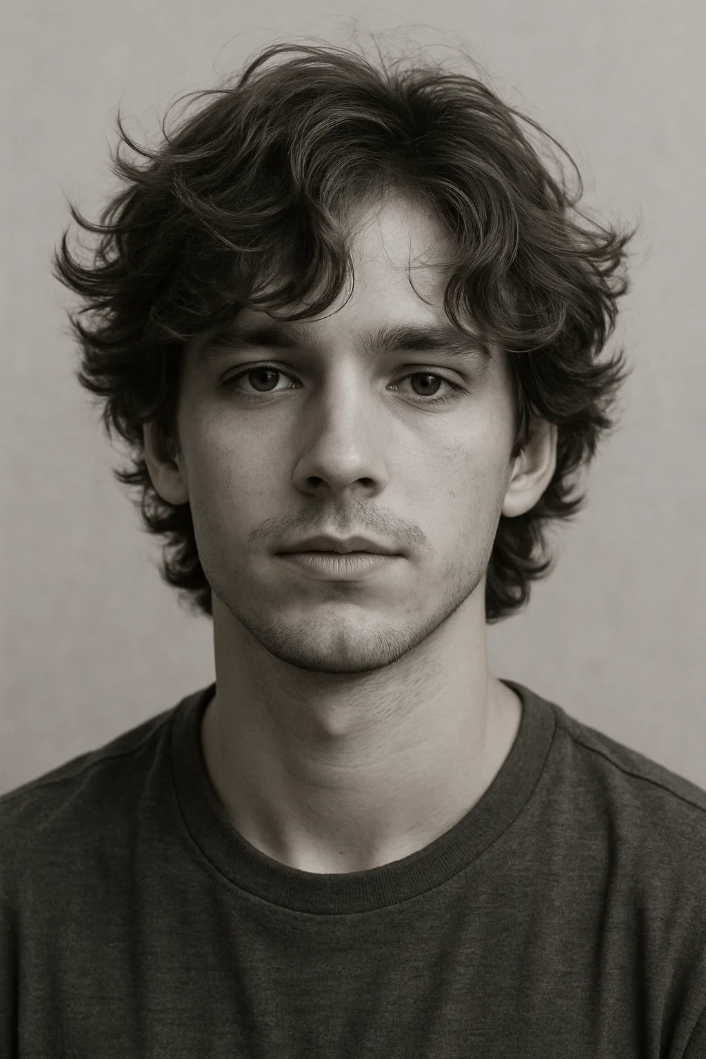 A portrait of a young man with medium-length wavy hair