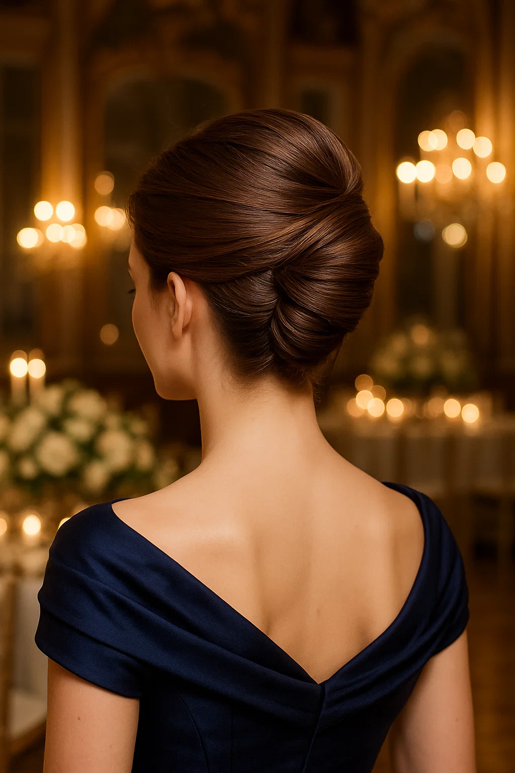 A refined classic French twist updo for prom, with sleek, polished twists pinned to the back