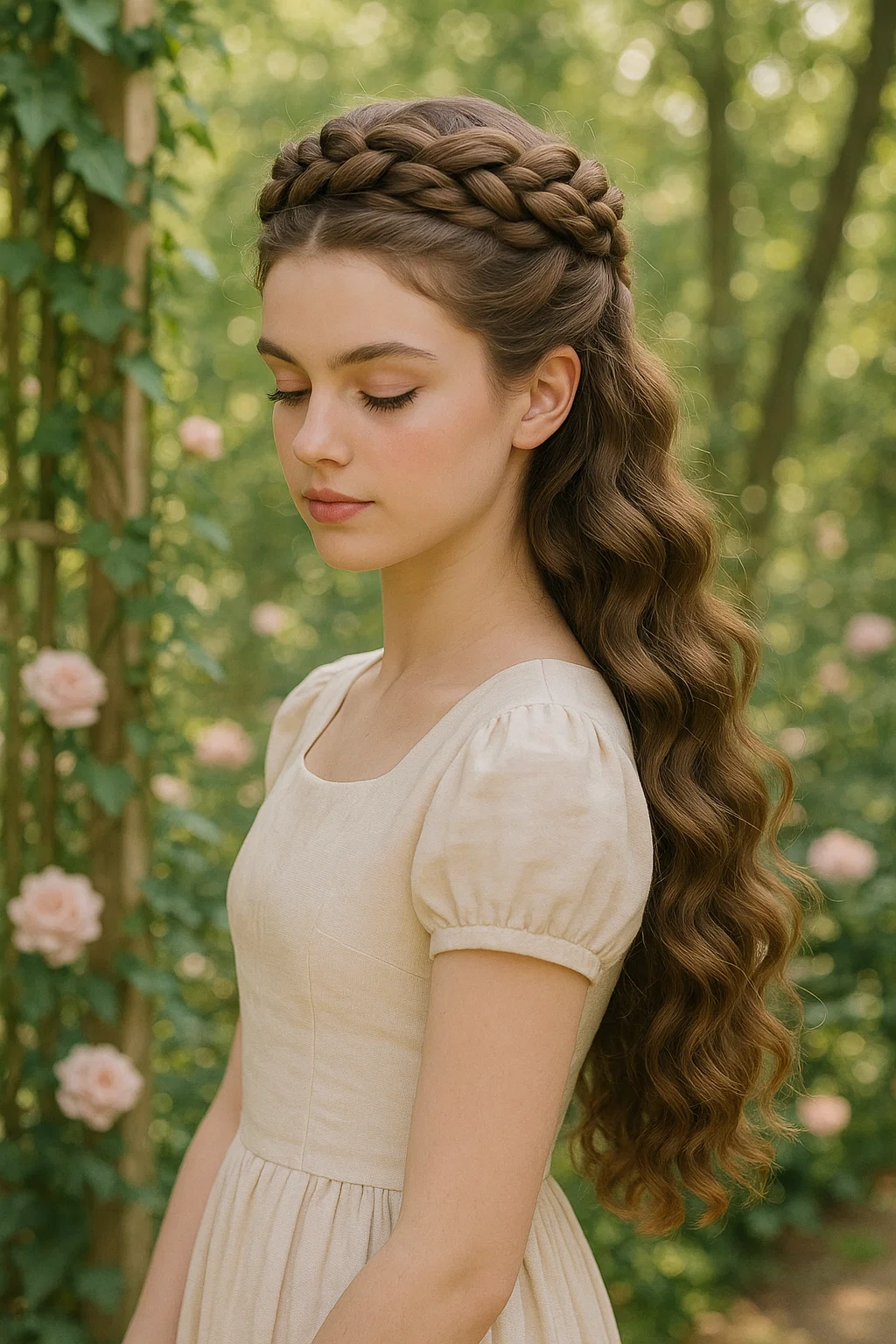A regal braided crown paired with soft, flowing curls, perfect for prom.
