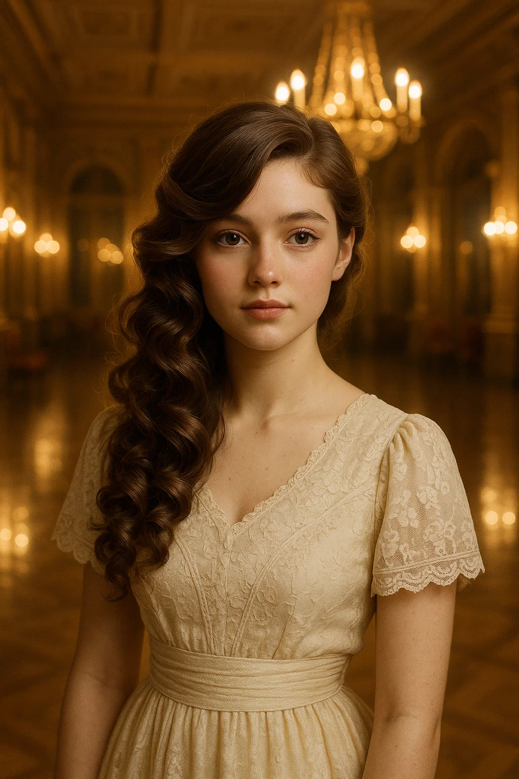 A romantic soft curls with a side part for prom, with voluminous, loose curls cascading over one shoulder.