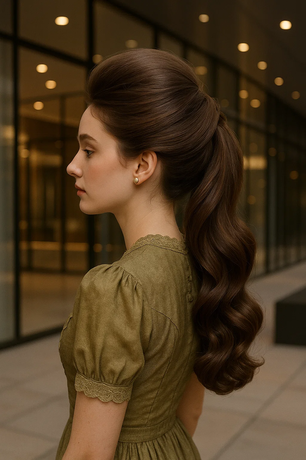 A sleek and voluminous low ponytail for prom, with added volume at the crown for an elegant finish