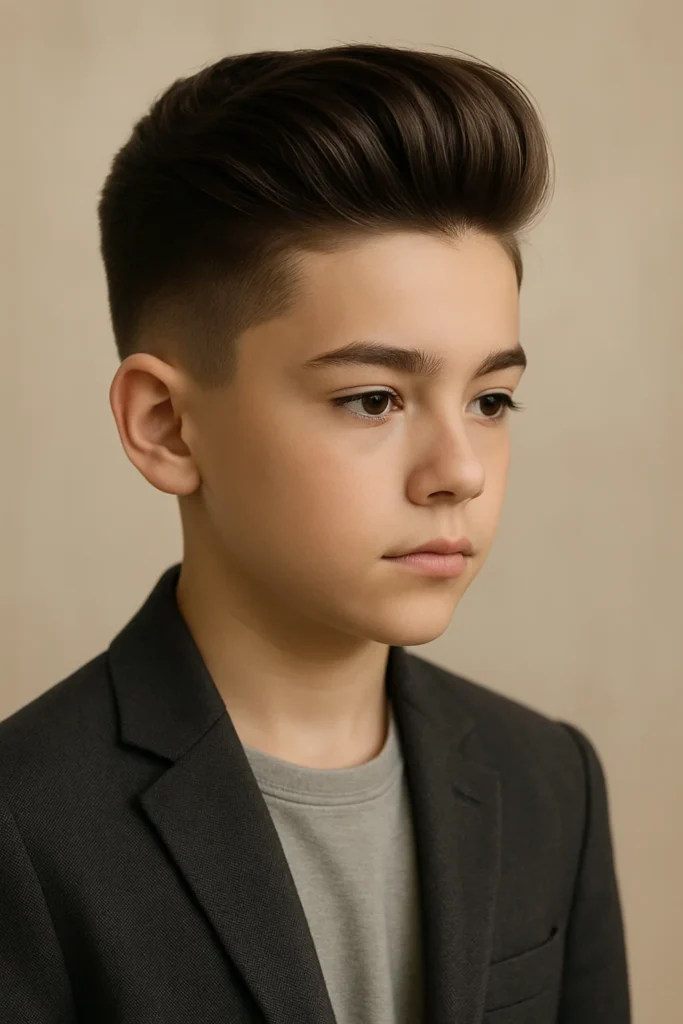A stylish boy with a pompadour and tapered sides
