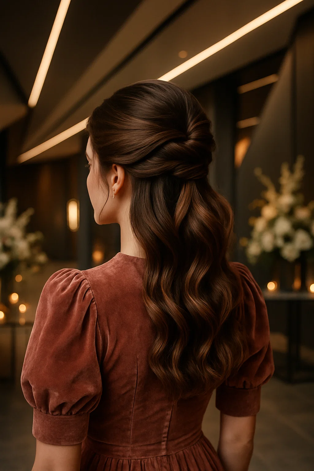 A stylish half-up, half-down prom hairstyle with a twist, combining the elegance of an updo with the flow of loose hair.