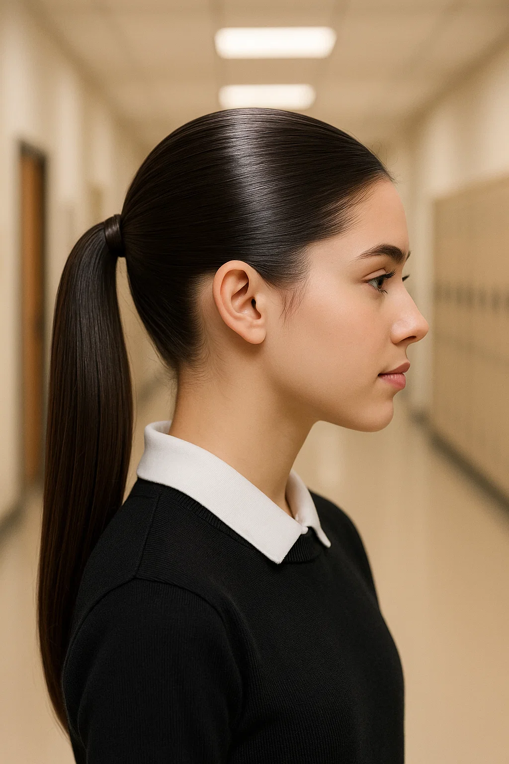 A stylish, sleek ponytail hairstyle for school, smooth and polished, with a high or low ponytail secured with a hair elastic.