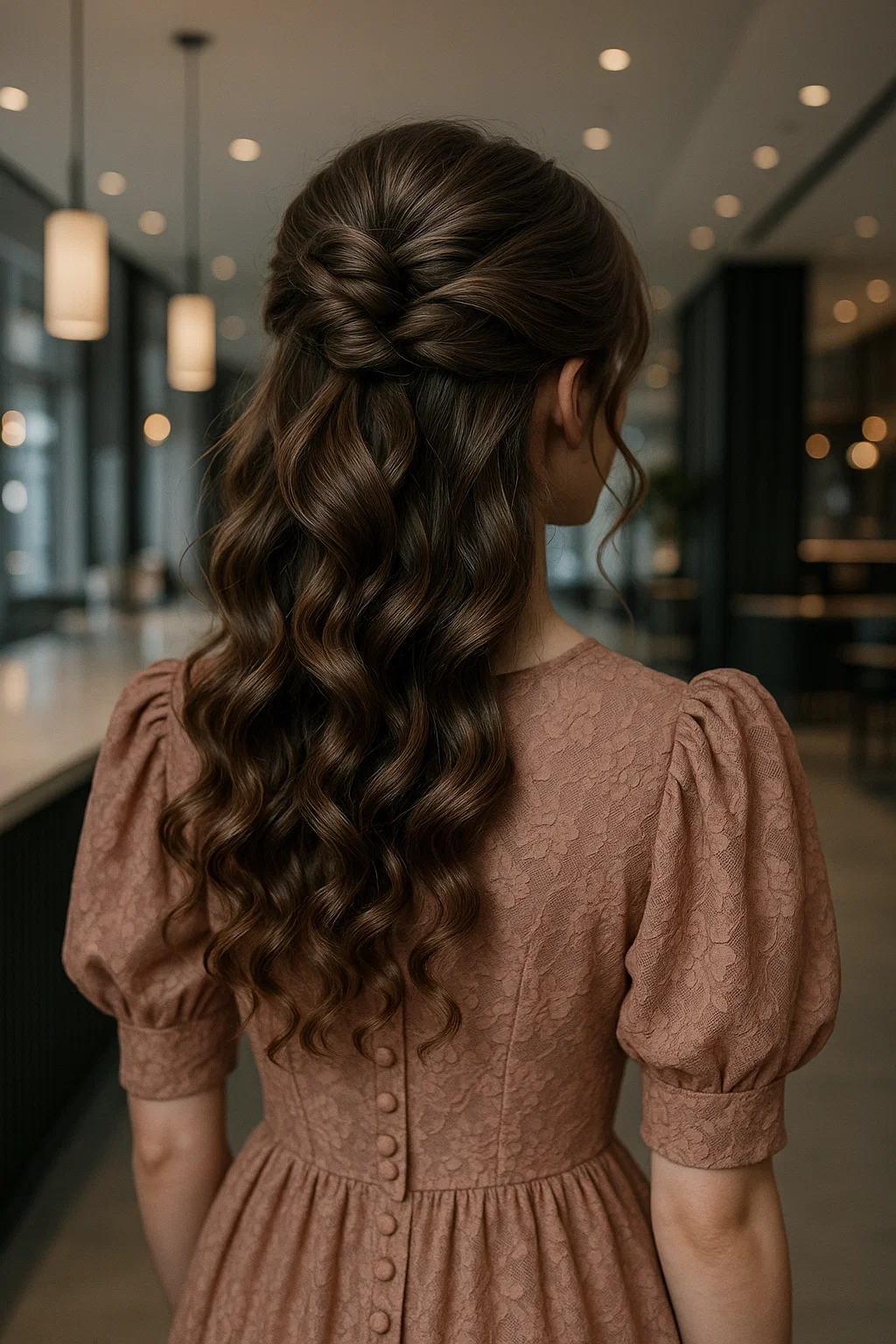 A stylish twisted half-up bun for prom, combining the elegance of an updo with the beauty of loose curls