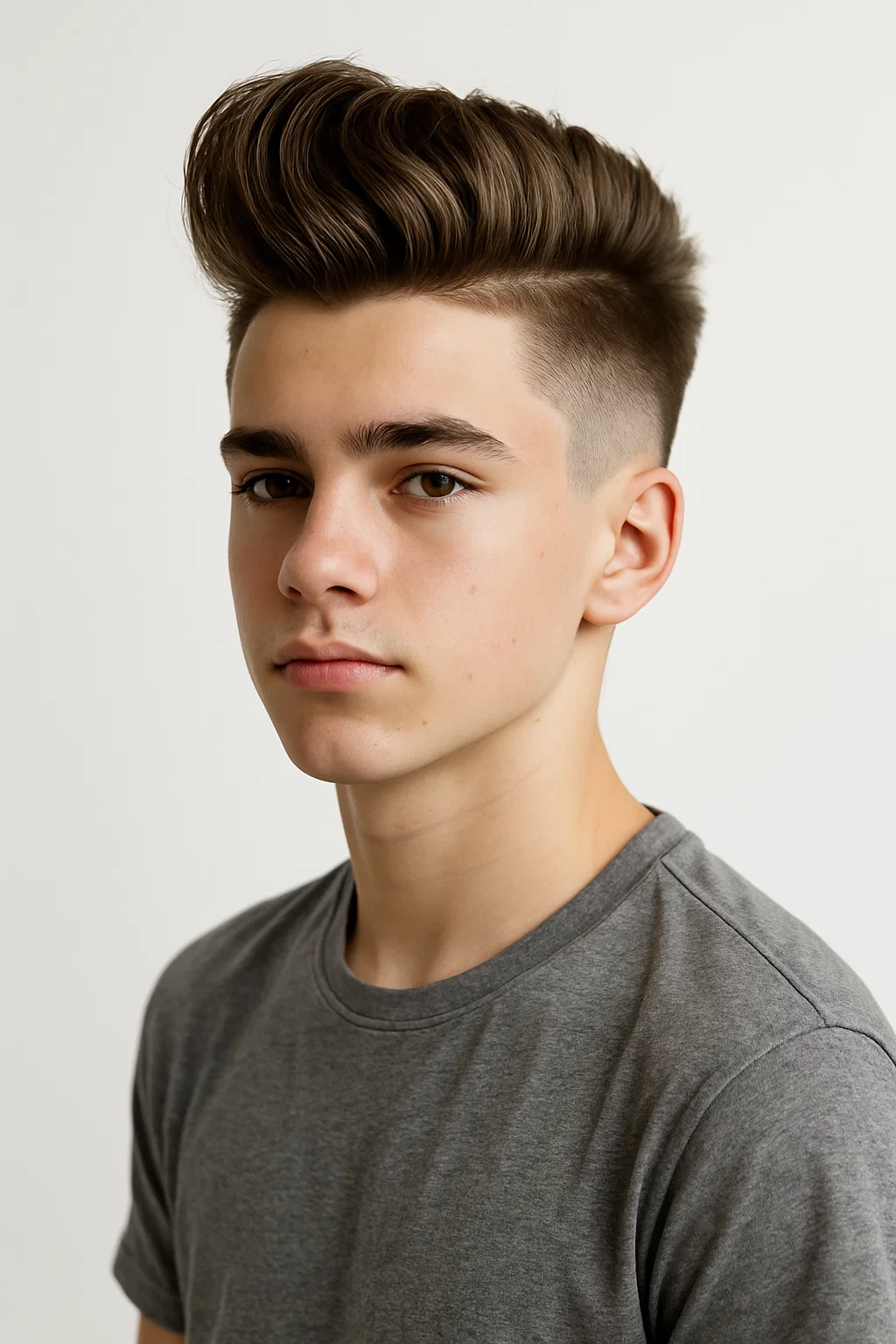 A teenage boy sporting a low fade pompadour