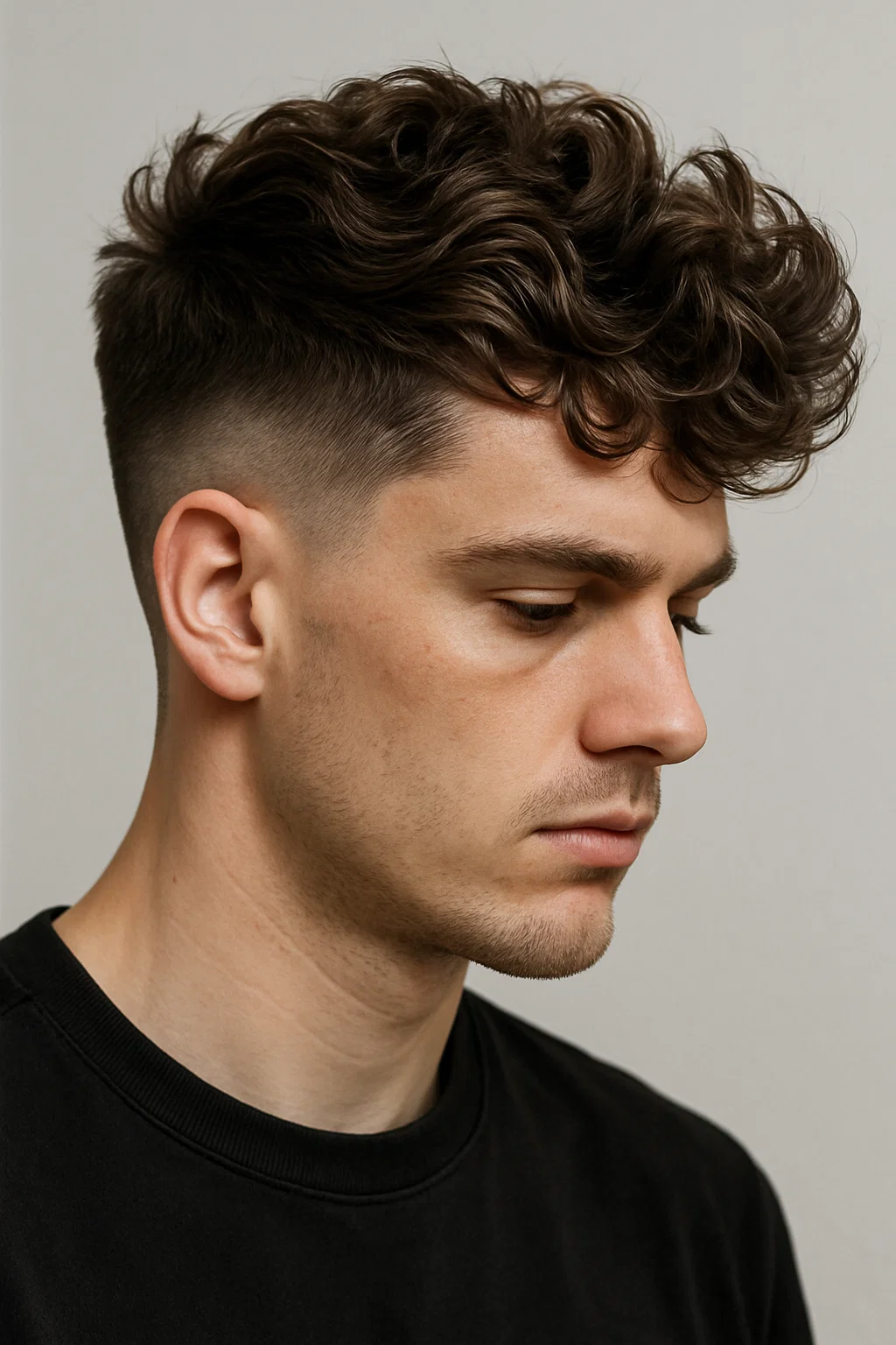 A young man with a wavy undercut hairstyle