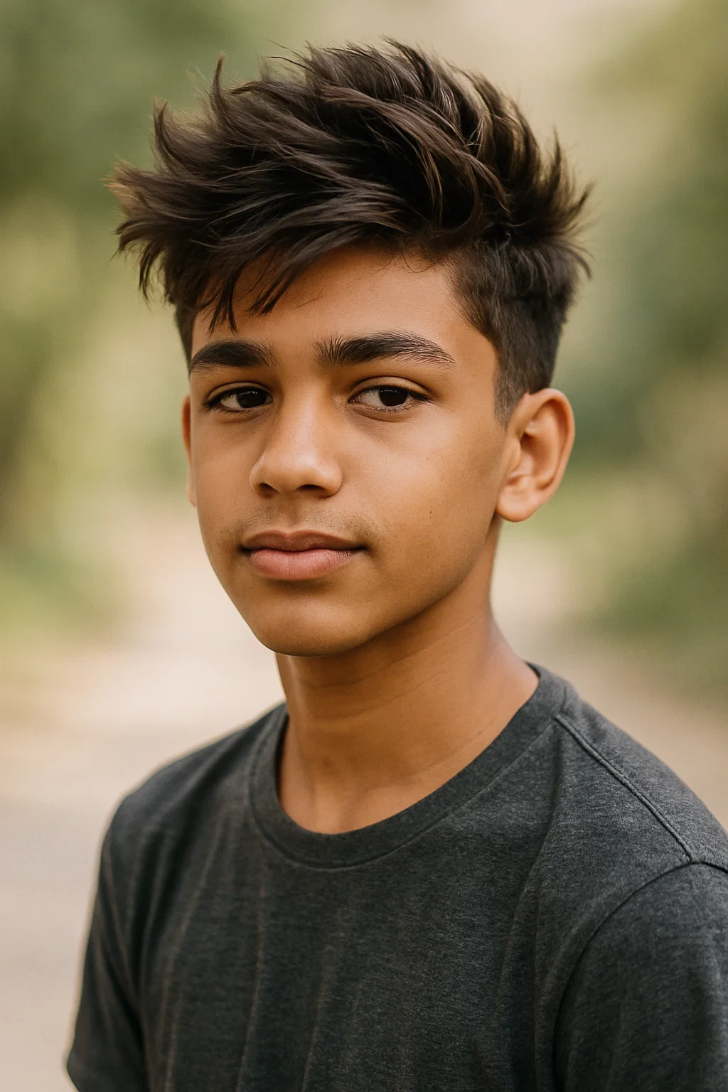 A young teen with textured hair styled into a pompadour