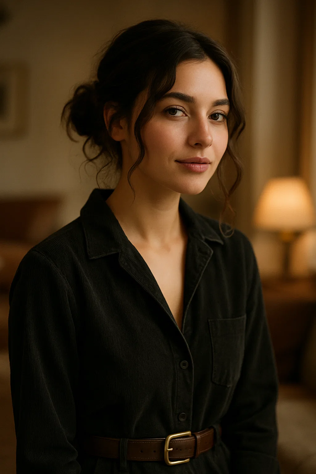 A young woman with soft, face-framing tendrils wearing a textured messy low bun.