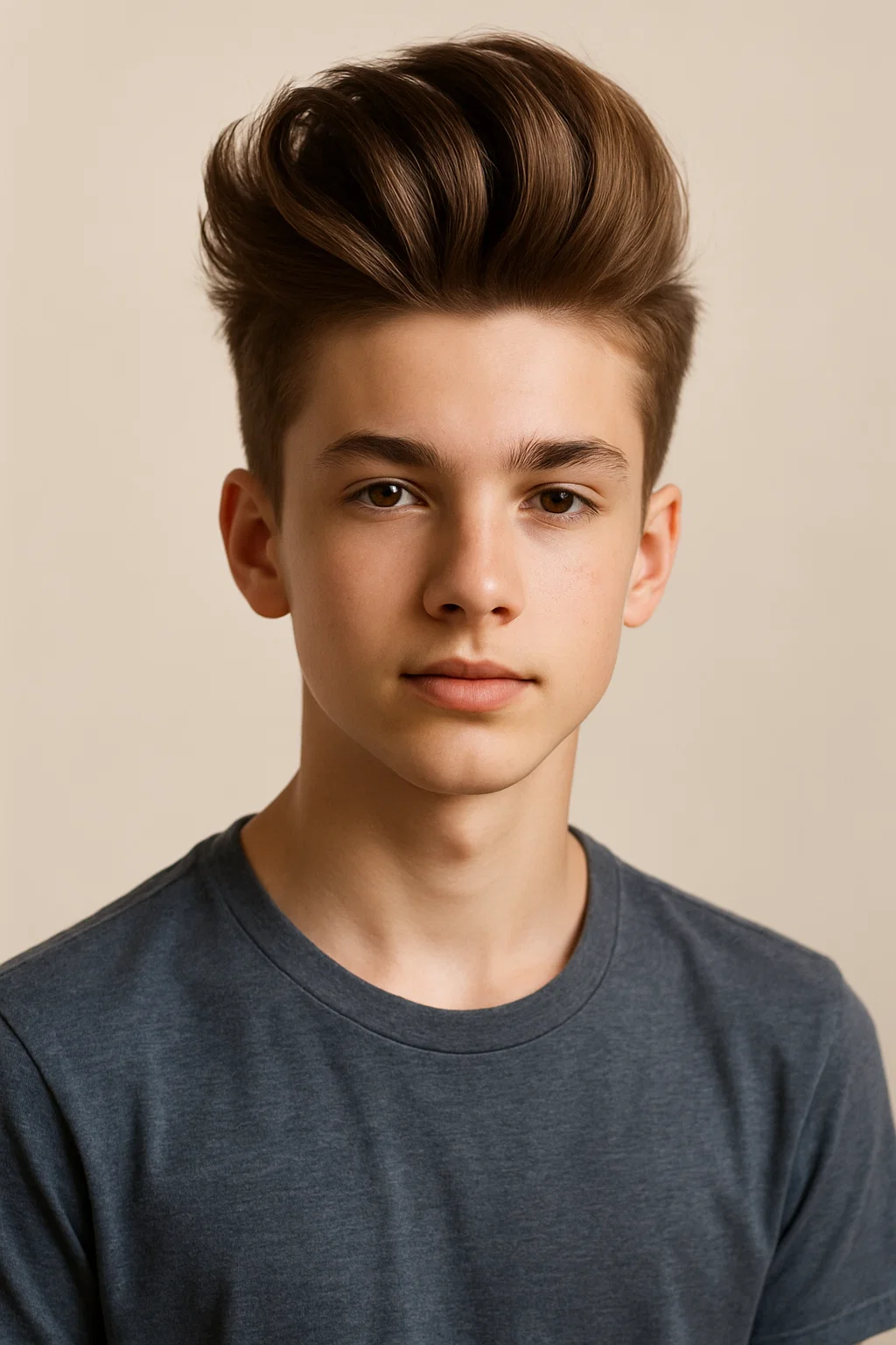A youthful teen with a pompadour styled with a long top