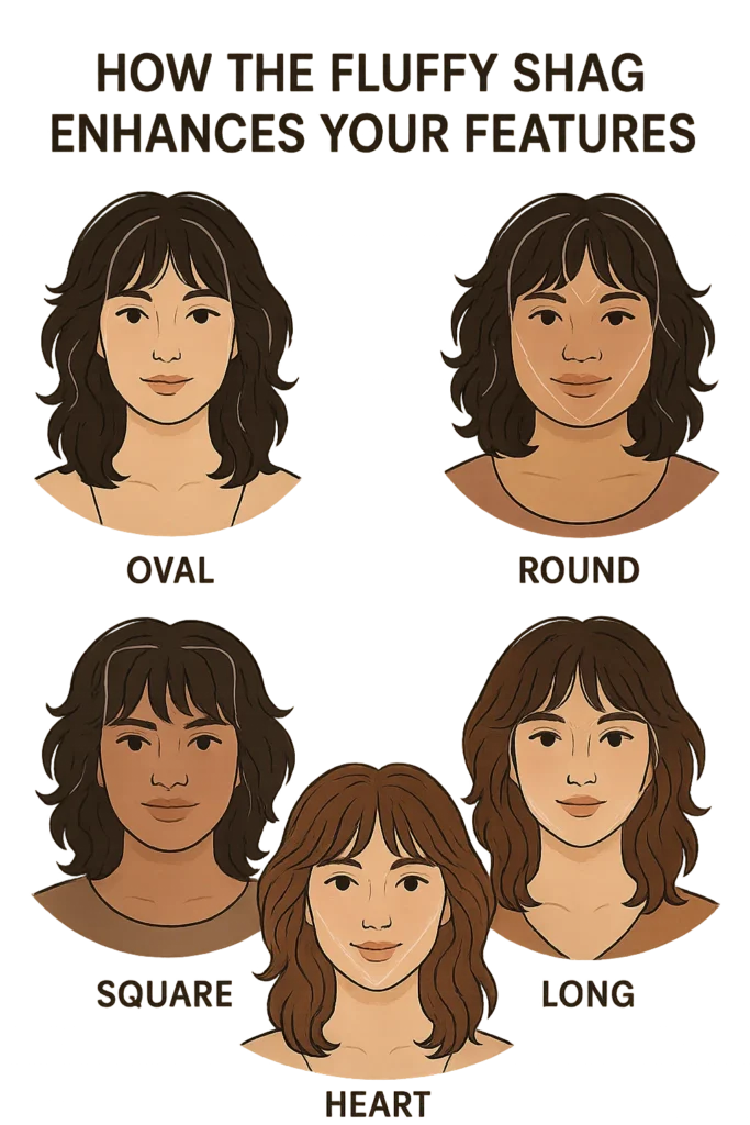 Illustrated guide showing five diverse women wearing variations of the shag haircut
