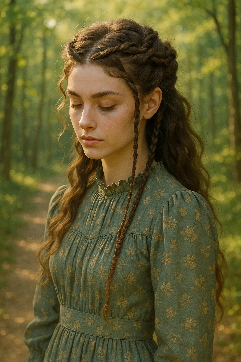 Artistic hairstyle with twisted front sections blending into thin braids