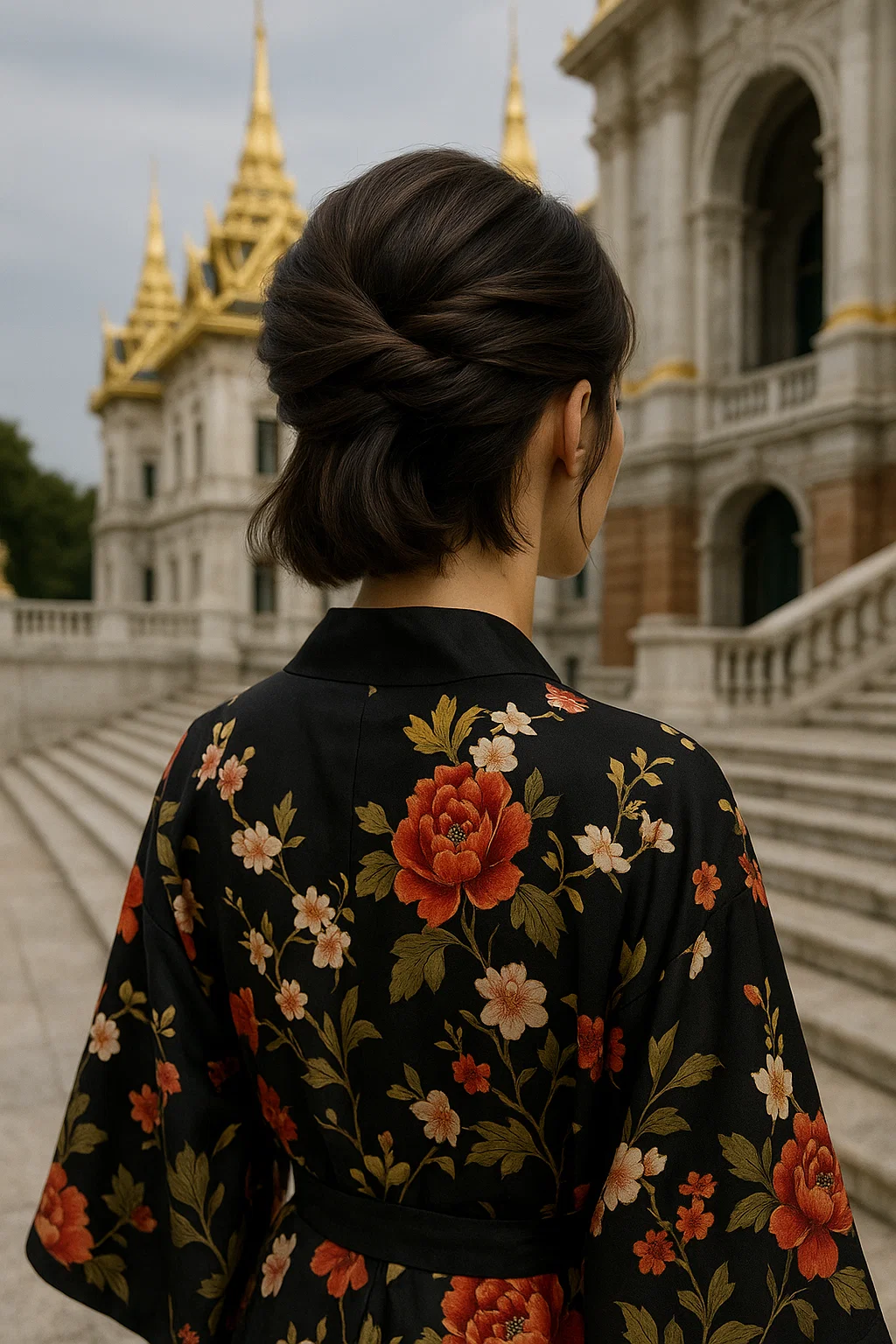 Asymmetrical side-twist hairstyle pinned across the back1