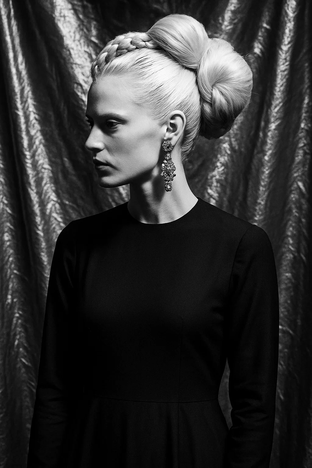 Avant-garde asymmetrical braided bun, platinum blonde hair, single dramatic earring, metallic fabric backdrop