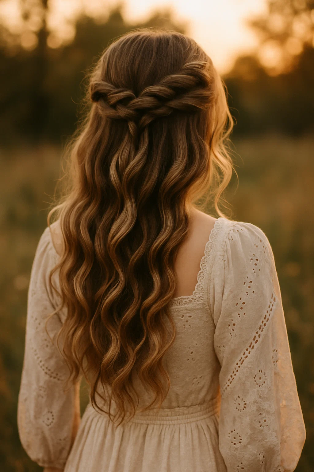 Back view of a woman with long wavy hair styled in a half-up twisted crown braid.