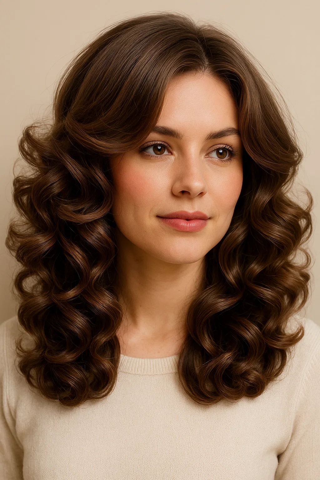 Bouncy barrel curls styled for volume, medium-length hair