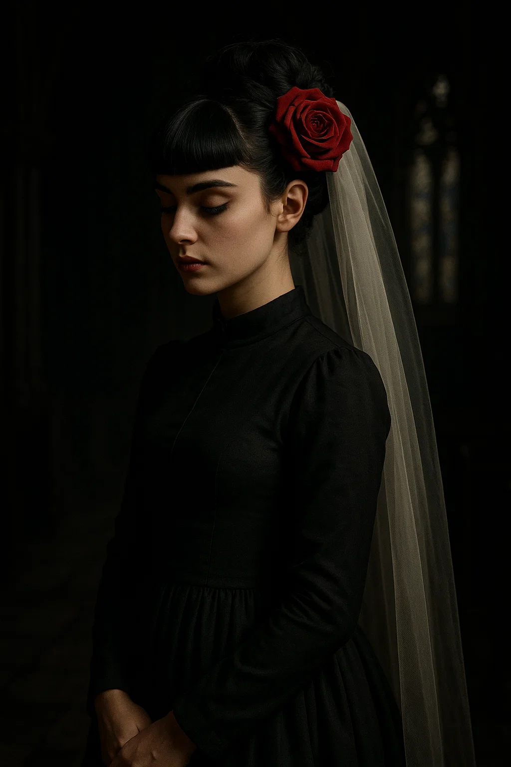 Bridal updo with blunt bangs, jet-black hair, red rose hairpiece, moody Gothic cathedral setting