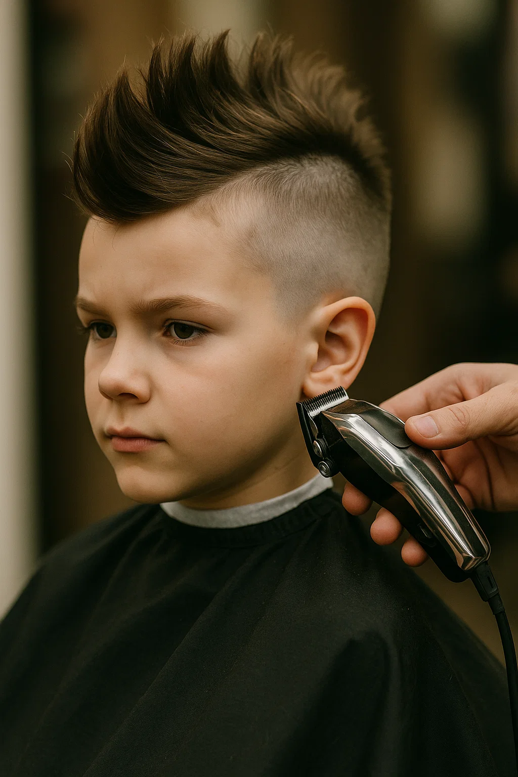 Capture a bold faux hawk transformation for a young boy
