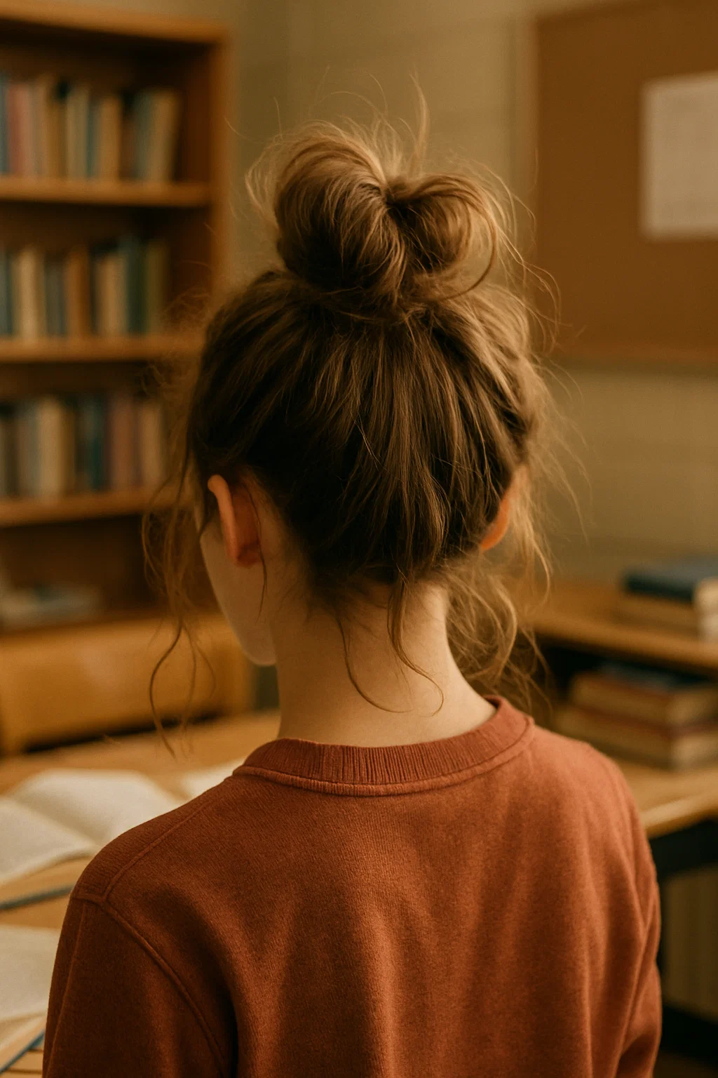 Casual messy bun hairstyle for school, with a loose, effortless bun on the top of the head, a few strands falling out for a carefree