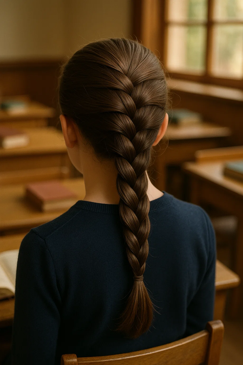 Classic French braid hairstyle for school, starting at the crown, with neat braiding and smooth hair