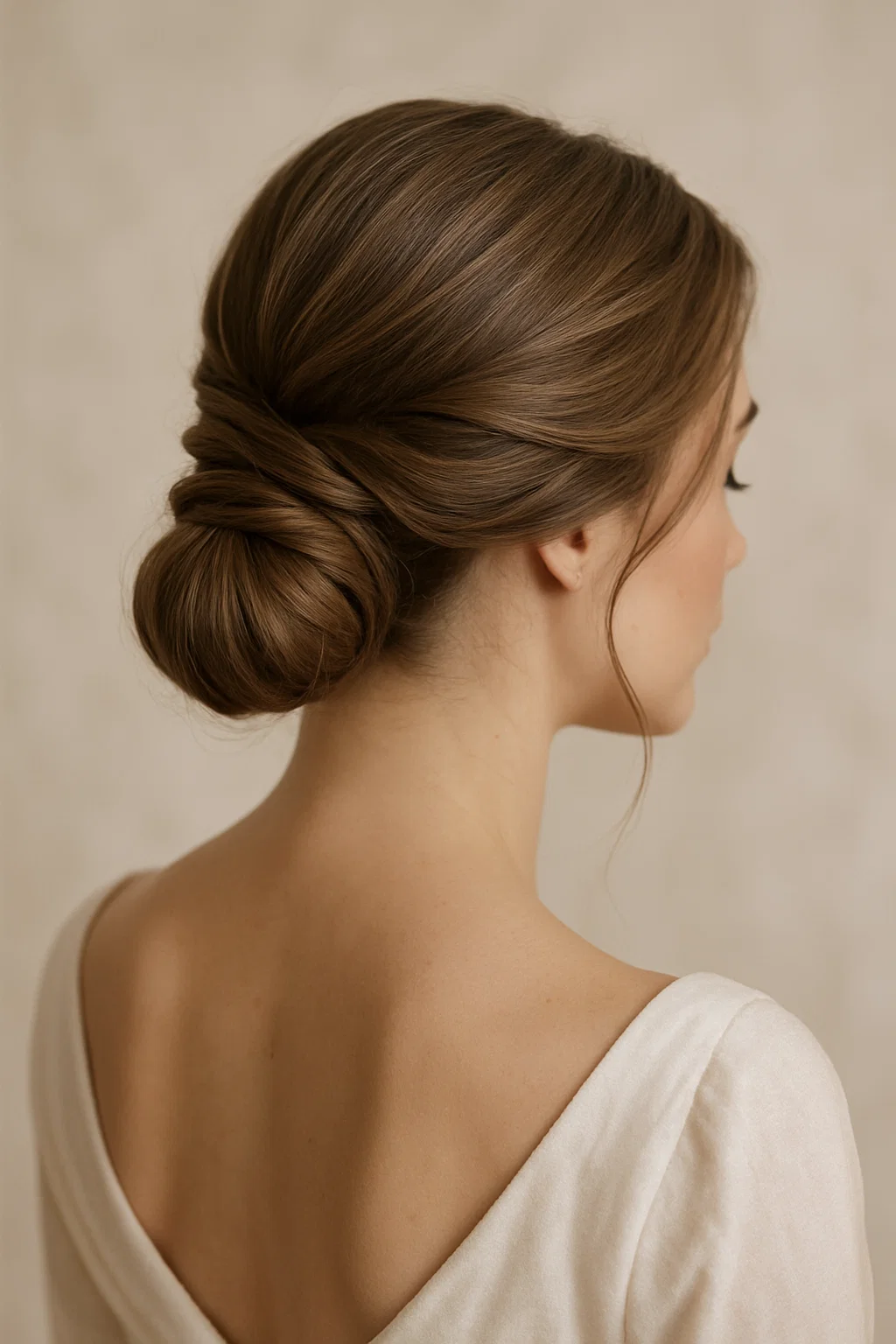 Classic low chignon bun formed by twisted front hair