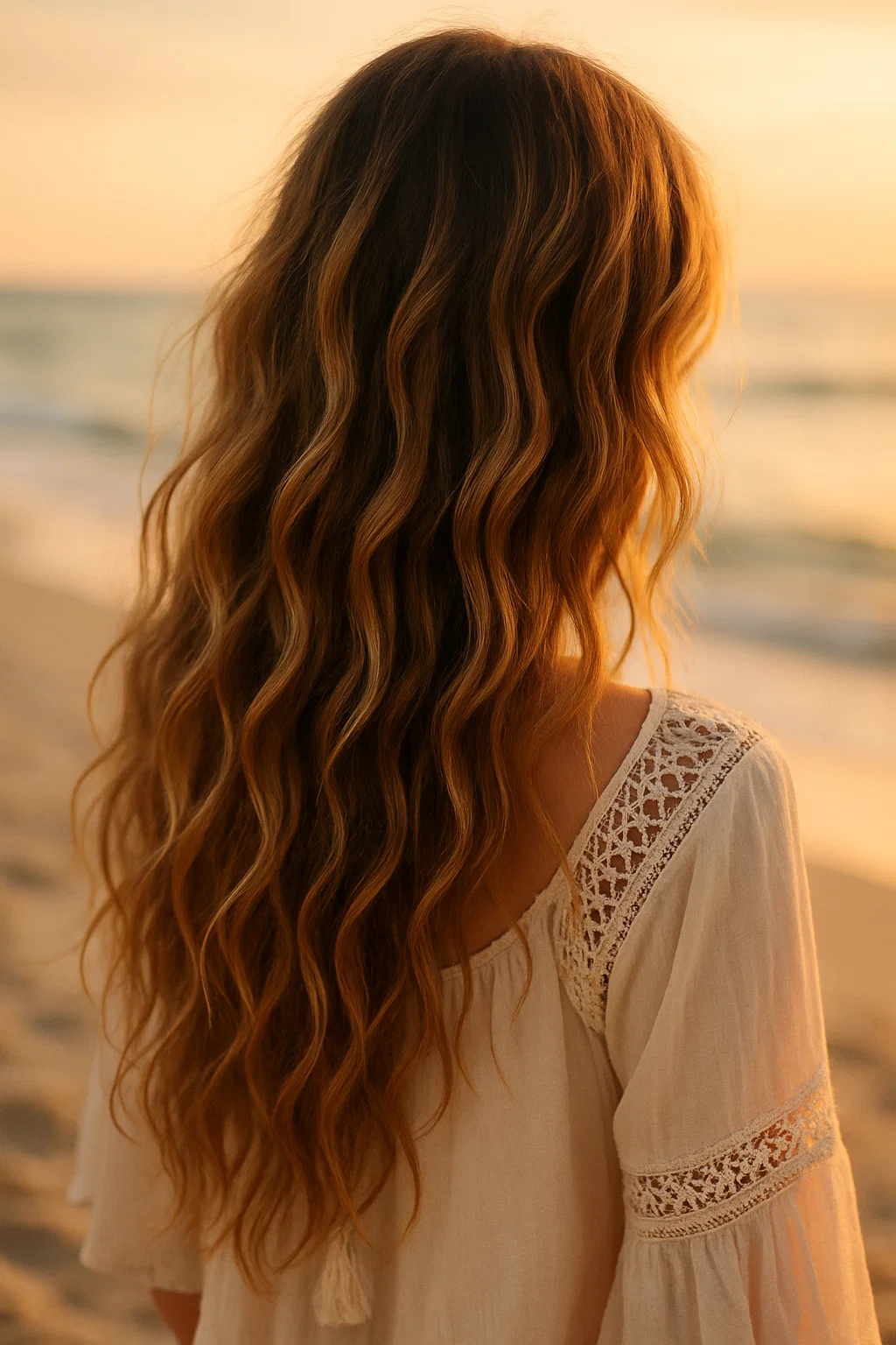 Close-up of long hair styled in natural beachy waves
