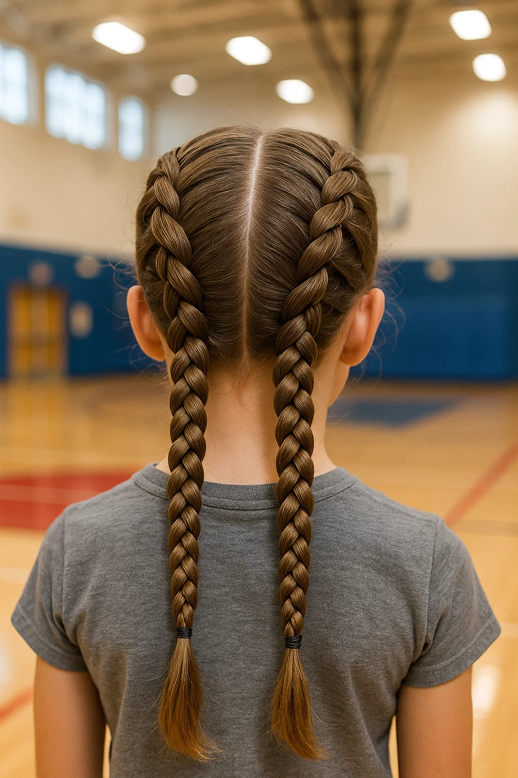 Dutch braids for school, with a middle part and neat braids crossing under, keeping hair securely in place