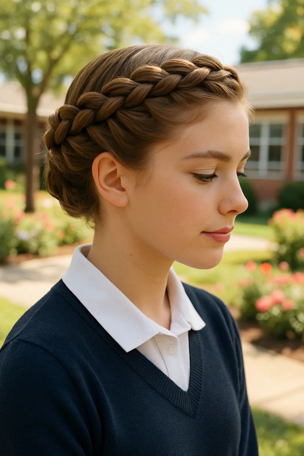 Elegant braided crown hairstyle for school, with two braids wrapped around the head to form a crown