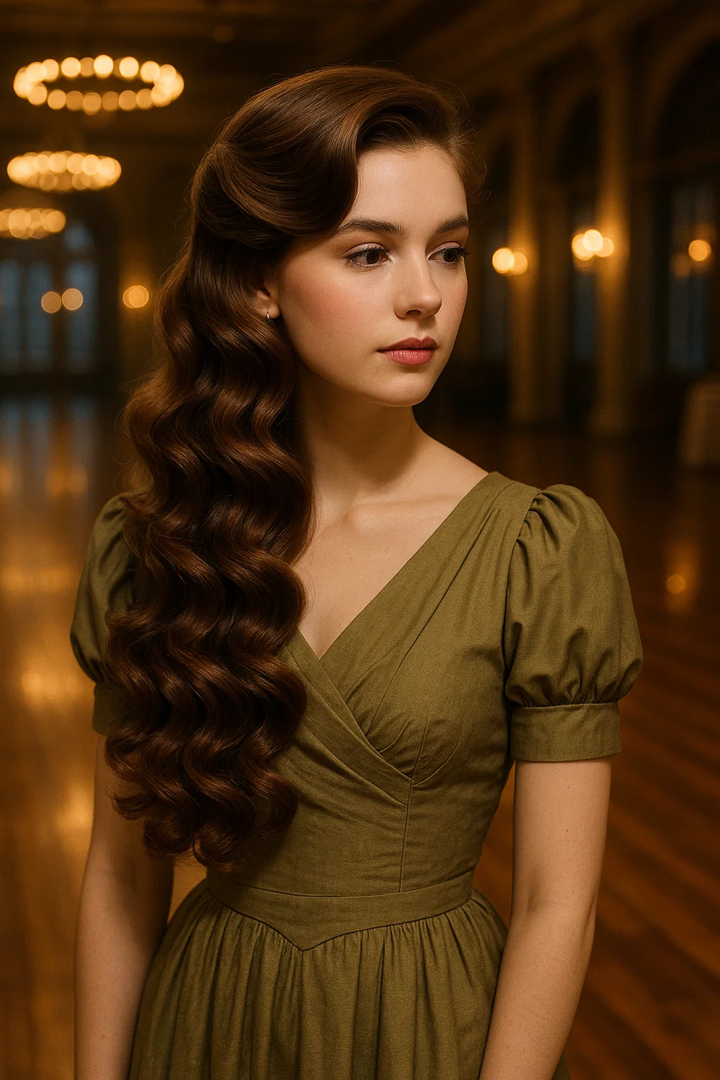 Elegant side-swept waves for prom, with voluminous curls cascading over one shoulder.