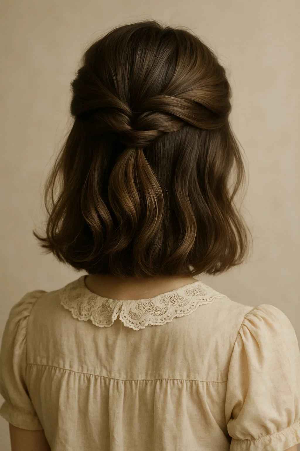 Elegant twisted half-up look adapted for shoulder-length hair