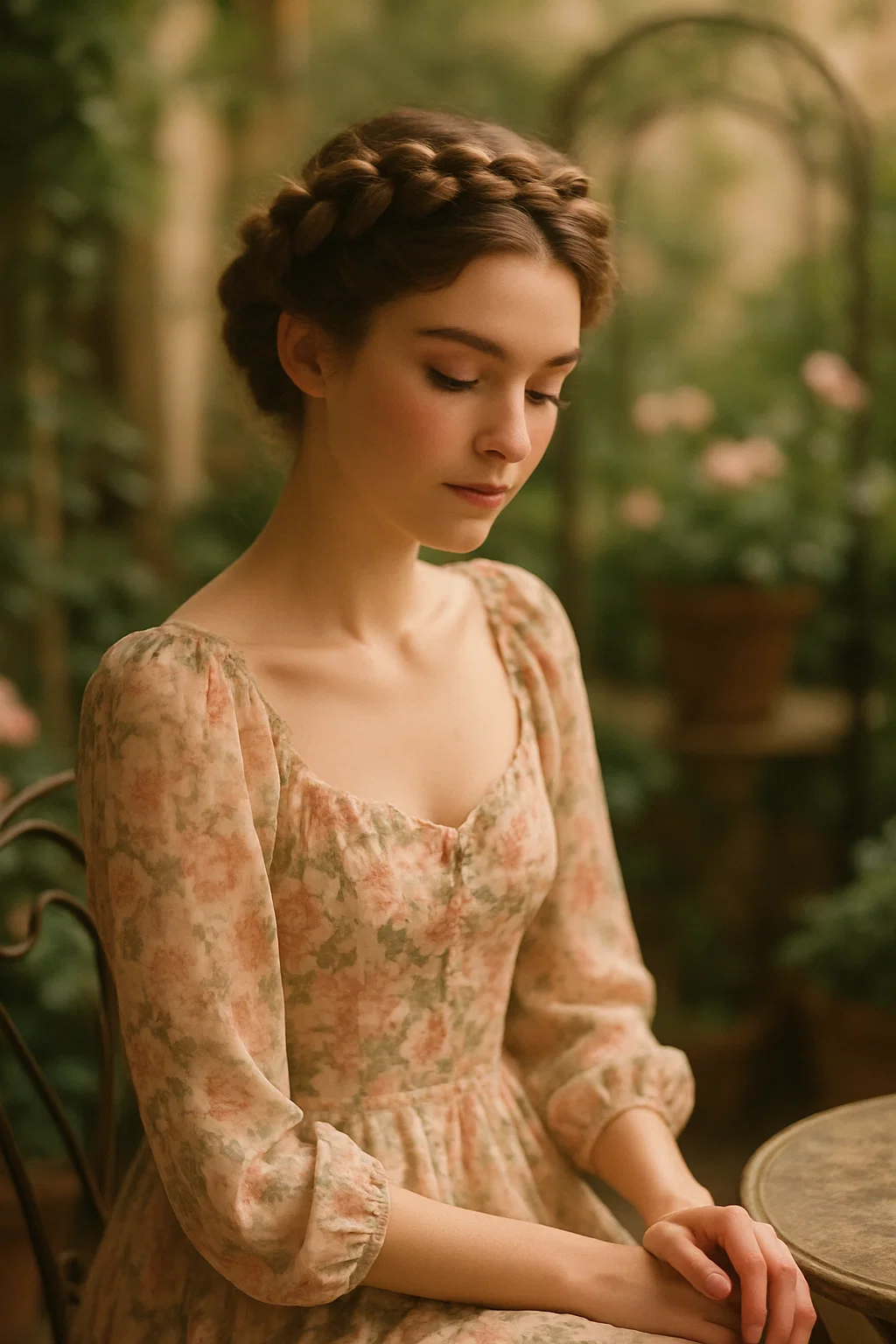 Elegant woman with a soft braided crown hairstyle