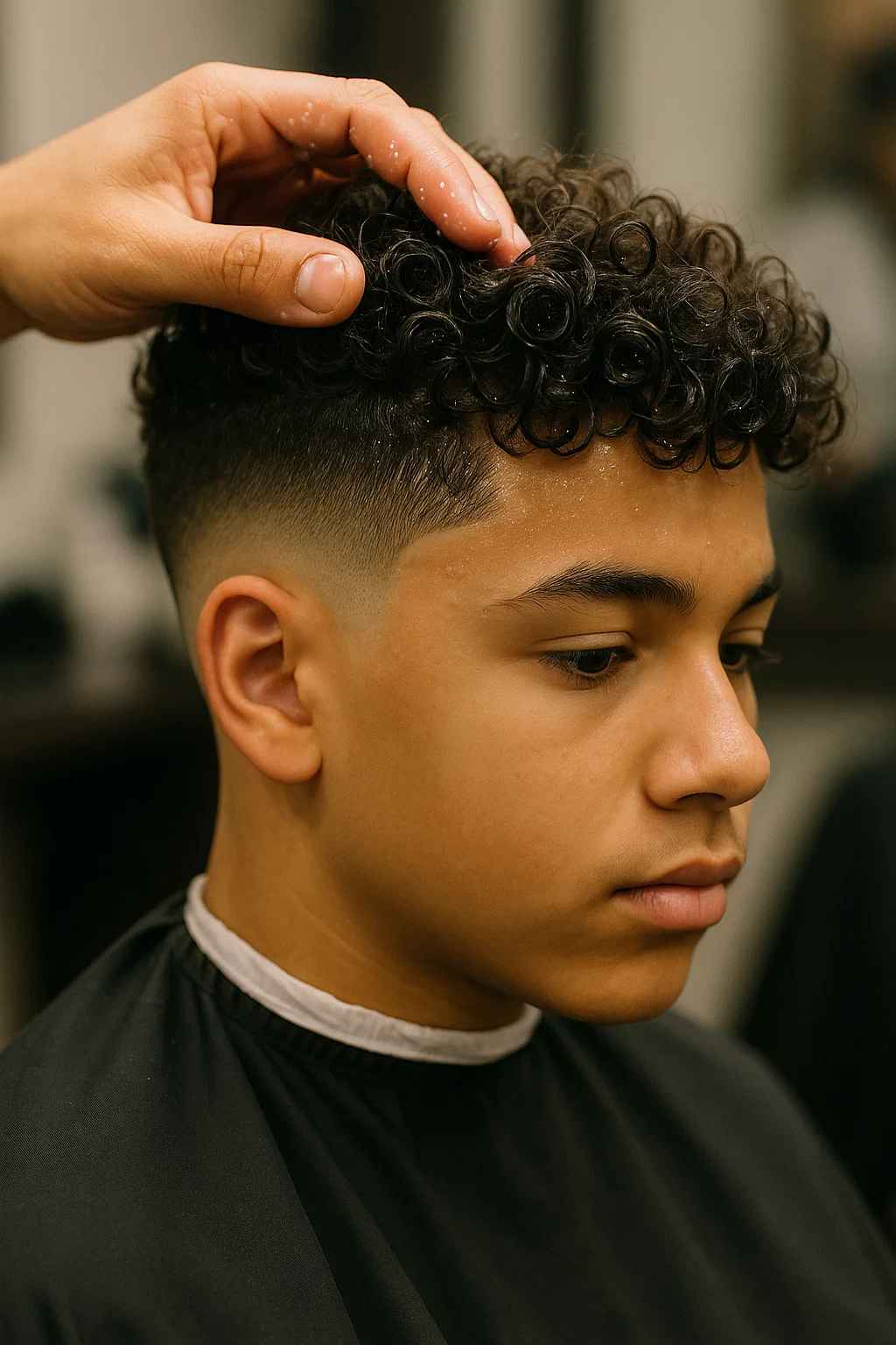 Feature a curly-haired boy getting a taper fade