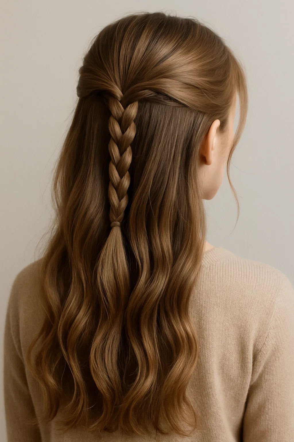 Half-up hairstyle with a simple braid securing the top section