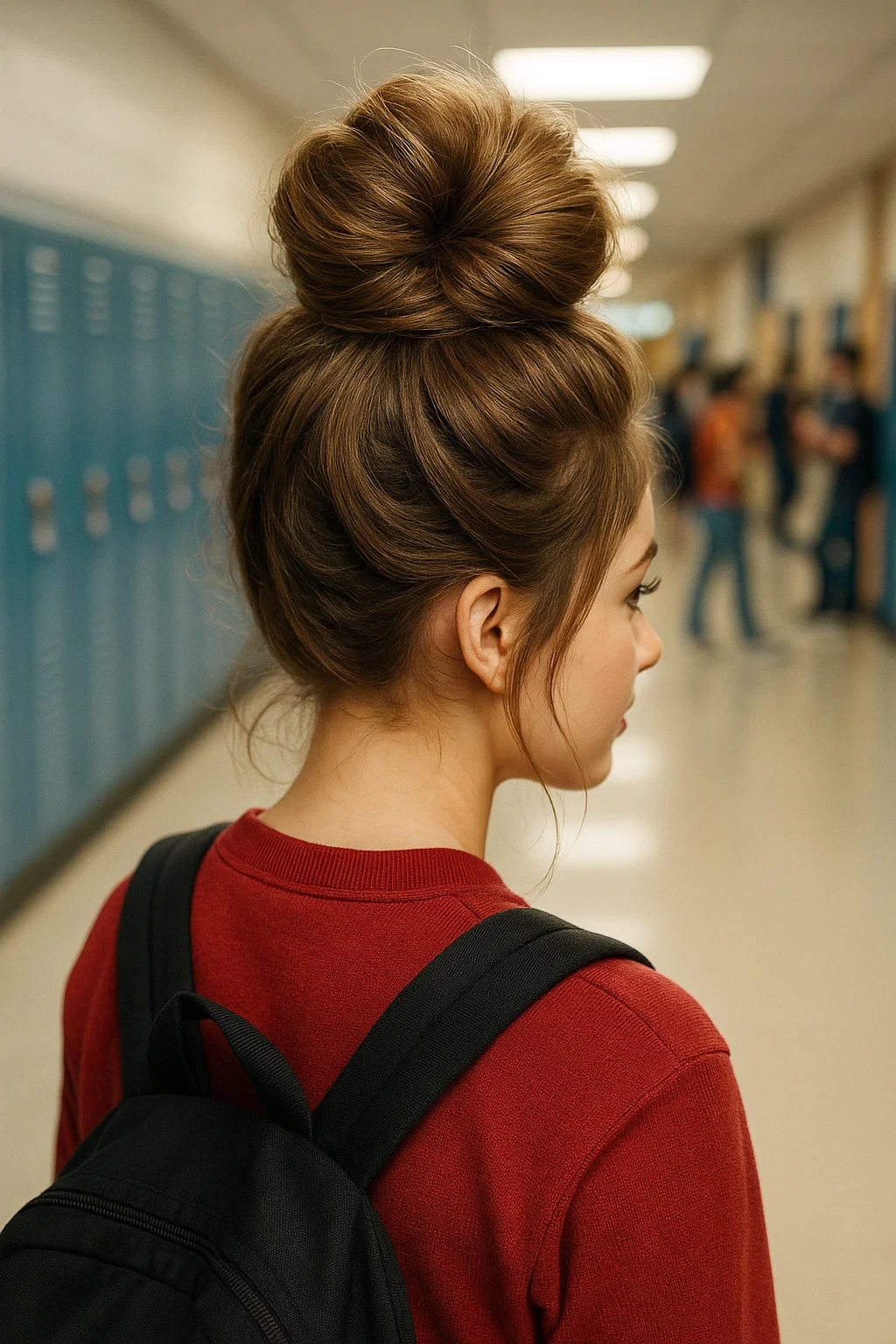 High bun with added volume hairstyle for school, with the crown teased for extra height and the hair twisted into a bun
